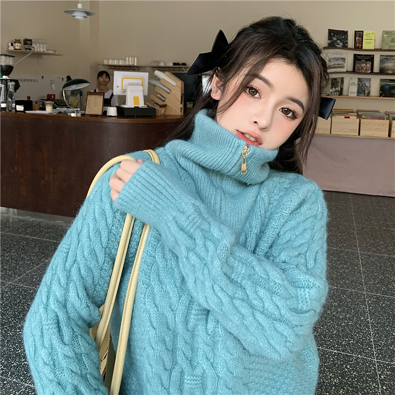 Zip-up Knitted Women Sweater Pullover Autumn Winter Full Sleeve Mock Neck Jumpers Korean Fashion Ladies Tops Femme 210514