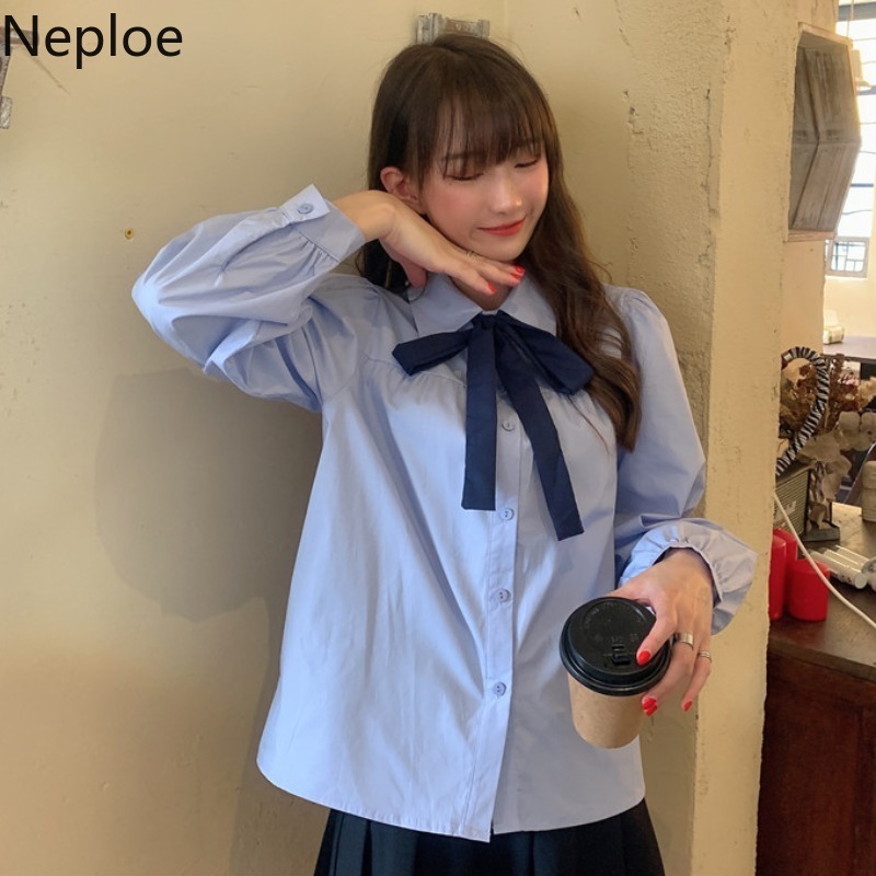 Neploe Blouse Women Preppy Style Lace Up Bow Blue Shirts Long Sleeve Loose Blouses Tops Blusas Mujer De Moda 4G520 210422