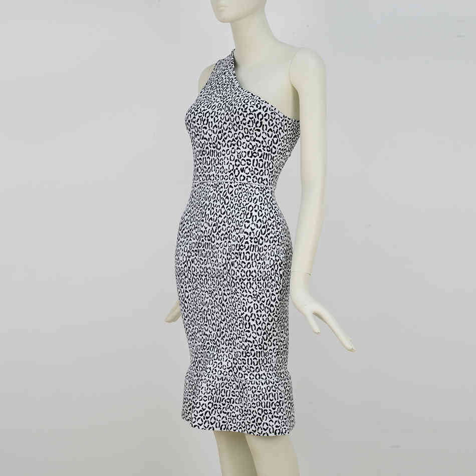 Free One Shoulder Short Sleeve Leopard Print Dress Women Sexy Bodycon Fishtail Club Party Vestidos 210524