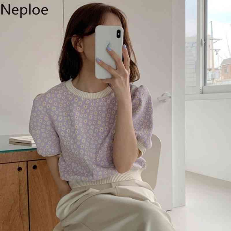 Neoloe Cropped Sweater Tops Puff Sleeve T Shirts Knit Sweater Shirt Women Clothes Vintage Print Korean Tshirt Summer Tees 210422