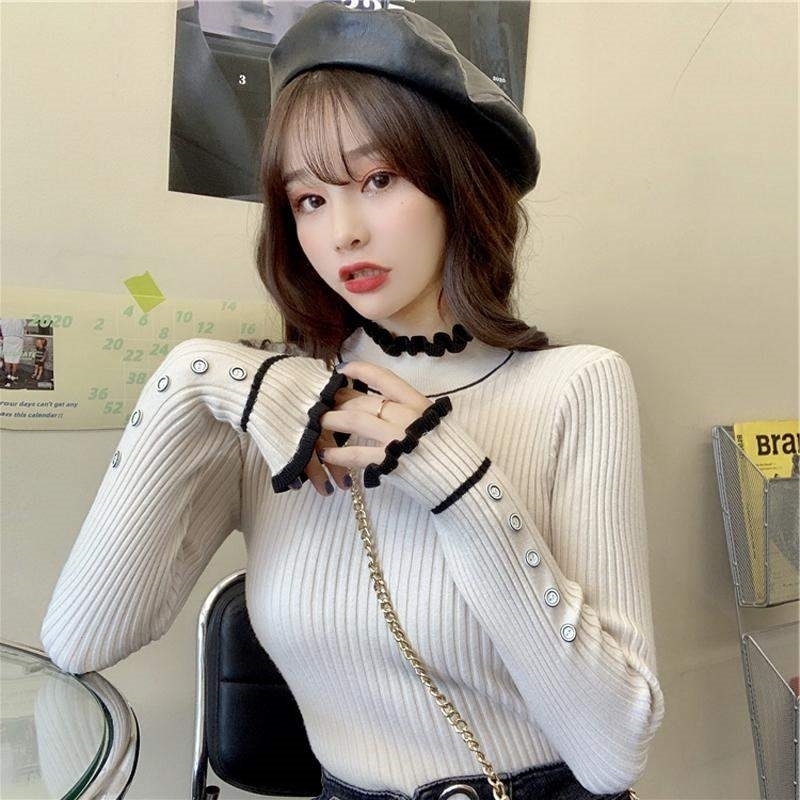 Autumn Winter Sweaters Fashion Cute Half Turtleneck Pullovers Knitted Ladies Sweater Women Ruffles Sleeve Bastic Kintting 211123wtt