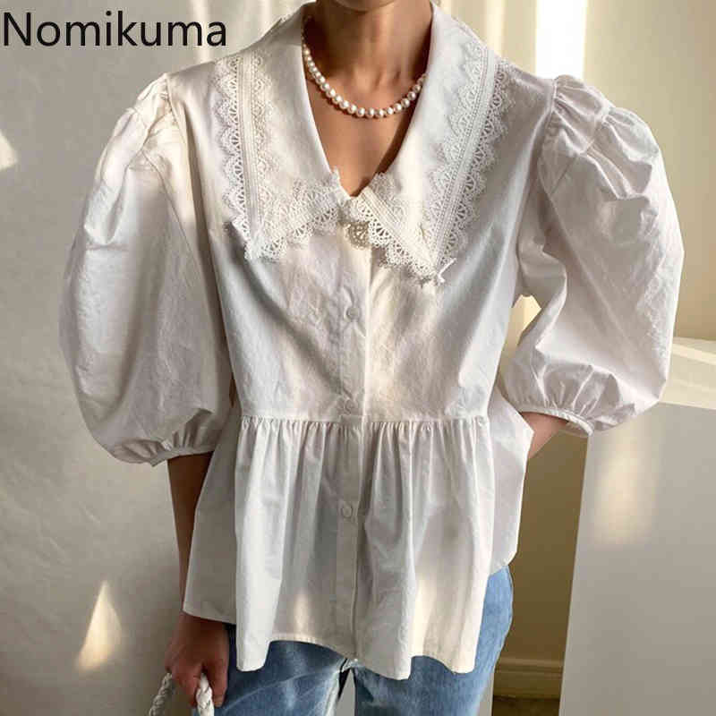 Nomikuma Korea Chic Lace Peter Pan Collat Blouses Puff Short Sleeve Doll Shirt New Ruffle Sweet Blusas Camisas Mujer 6G702 210427