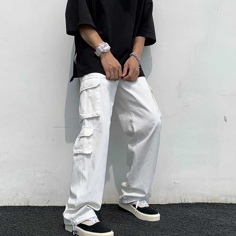 Autumn Casual Pants Men's Fashion Outdoors Straight Wide Leg Black White Multi-pocket Hip Hop Tooling Work Jeans Loose Trousers 211009