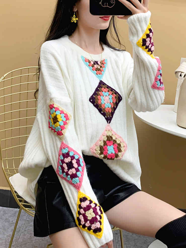 Retro Women Oversized Sweater Spring Argyle Embroidery O Neck Loose Handmade Hook Flower Pullovers Tops C-146 210522