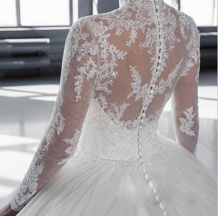 Sheer High Collar Lace Long Sleeves Ball Gown Wedding Dresses Formal A E Gowns Princess Illusion Appliques Bridal Country Vestidoe De Noiva 0227Lz