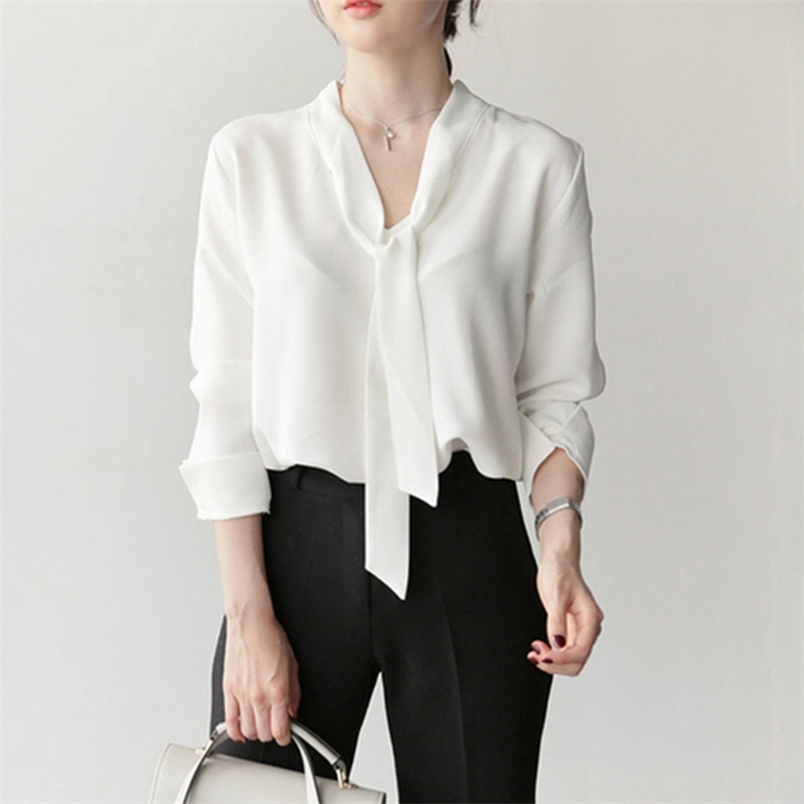 White Chiffon OL Shirts Spring Autumn Women Long Sleeve V-neck Ribbon Blouse Office Work Ladies Tops Blusas Mujer S441 210512