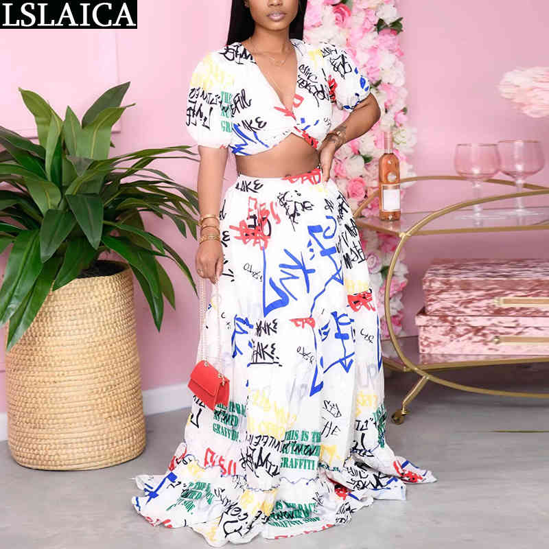Two Piece Set Summer Fashion Print High Waist Long Skirt and Short Sleeve V Neck Crop Top Holiday Conjuntos De Mujer Verano 210515