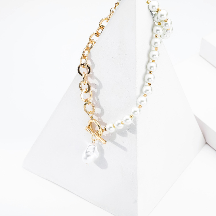 Punk Asymmetric Charm Chain Pearl Necklace For Women Baroque Irregular Pendant Long Toggle Chain New Trendy Jewelry Gifts