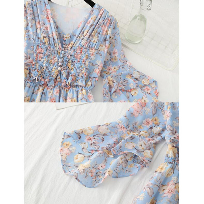 Women Summer Dress Fashion Floral High Waist Sweet Chiffon Long Dress Korean Style V-neck Flare sleeves Beach Dress 210521