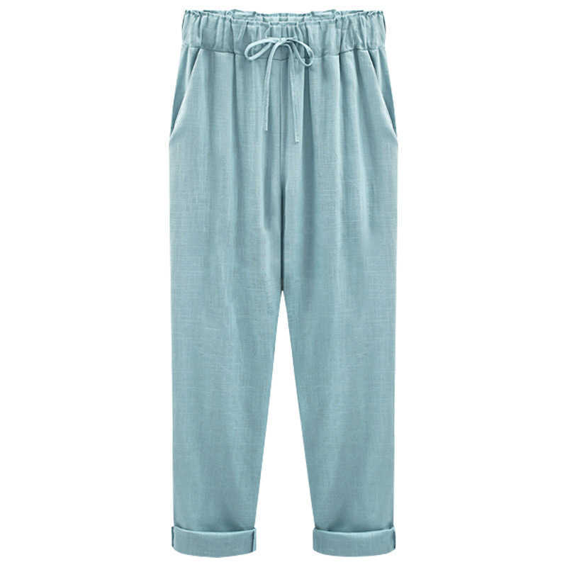 Cotton Linen Pants Elastic high Waist Ankle Length Casual Women Loose spring pants 211006