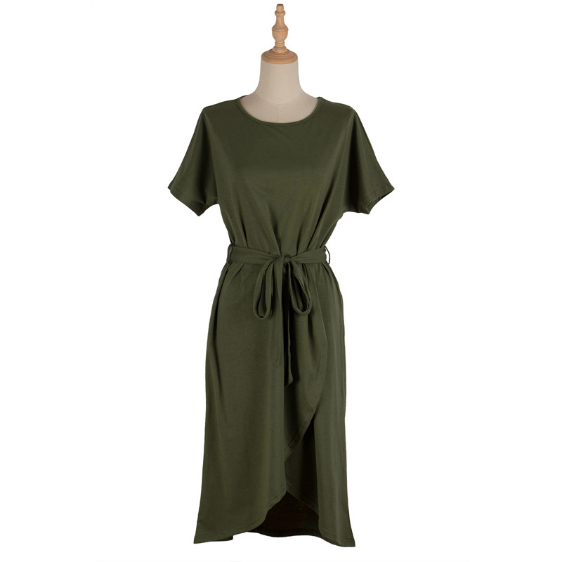 O-Neck Short Sleeved Asymmetrical Midi Dresses Women Summer Casual High Waist Female Solid Dress with Belt 210510