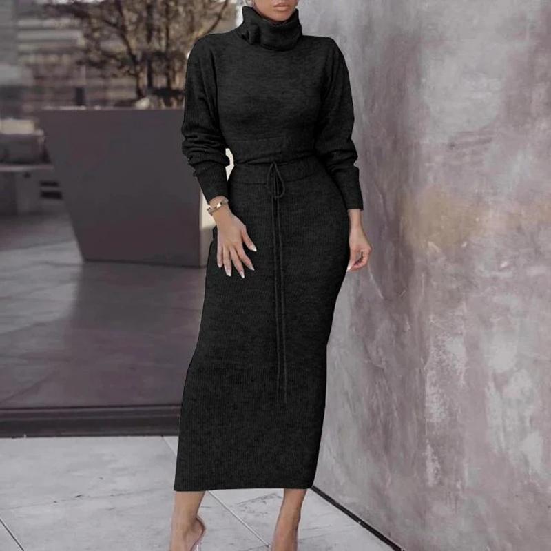 Women Sets Knitted Skirt Stand Collar Long Sleeve Solid Sweater Fashion Winter Clothing 210513