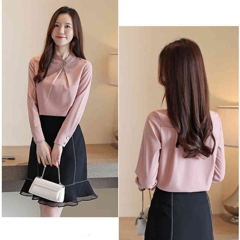 Spring Long Sleeve Stand Collar Elegant Chiffon Blouse White Women Solid Color Loose Slim Lady's Shirt 9041 50 210427