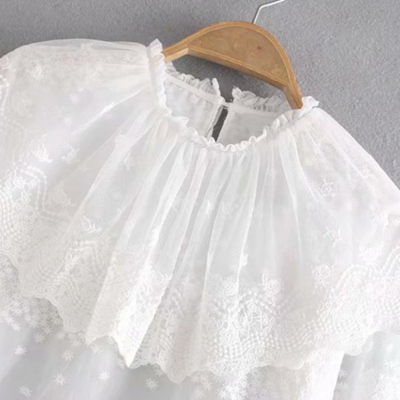 Cascading Ruffle Lace Splicing Women Shirt Embroidery Smock Leisure Lady Long Sleeves Blouse Female Loose Tops S6157 210430Z