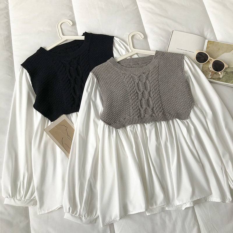 Nomikuma Twisted Knitted Patchwork Blusas Top Causal Sweet Women Doll Shirt Spring New Long Sleeve O-neck Blouses 6E096 210427