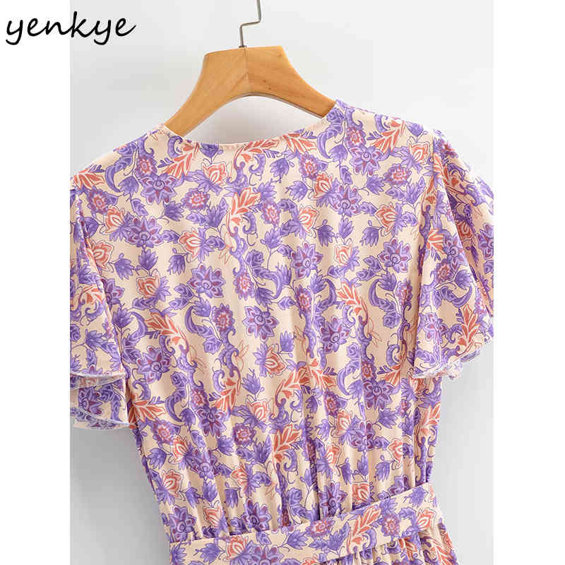 YENKYE Holiday Summer Casual Dress Women Vintage Floral Print Vestido Mujer Free Belt V Neck Short Sleeve Dress 210515