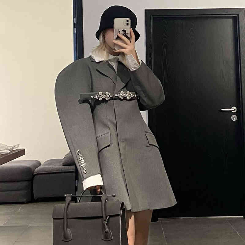 VGH Black Patchwork Diamond Blazer For Women Notched Long Sleeve Casual Joker Blazers Female Fashion Spring New Clothing 210421