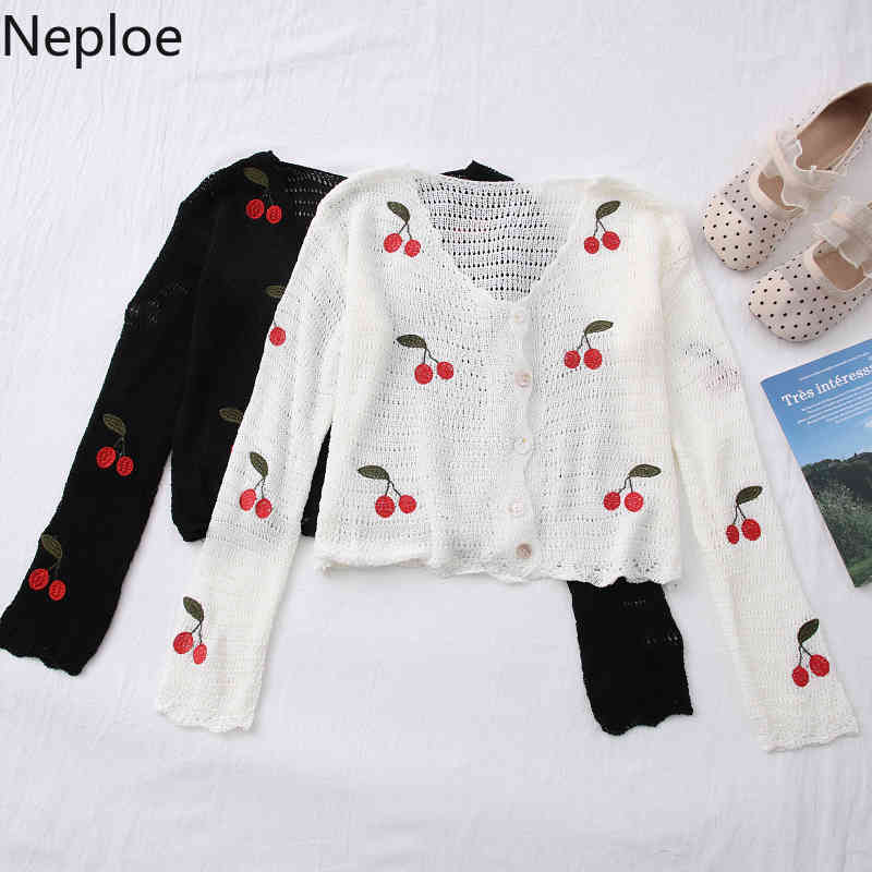 Neploe Cropped Cardigan Sweet Knitted Sweaters Embroidery Cherry Thin Coat Hollow Out Sun Protection Coat Tops Female 95087 210422