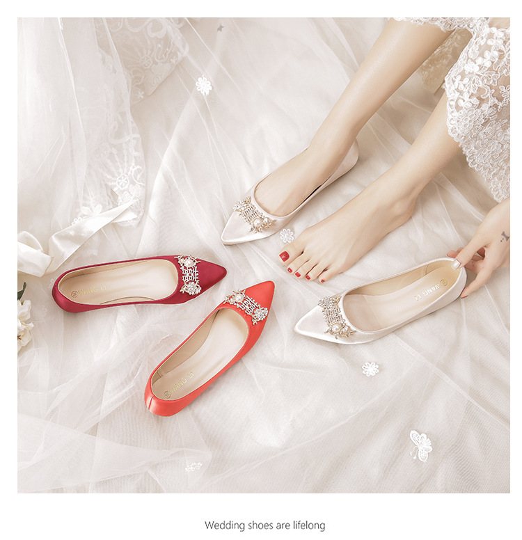 Satin Pointed Flat Women Shoes Pearls Rectangle Buckle Diamond Sexy Wedding Bridal Bradesmaid Prom for Lady Shoes