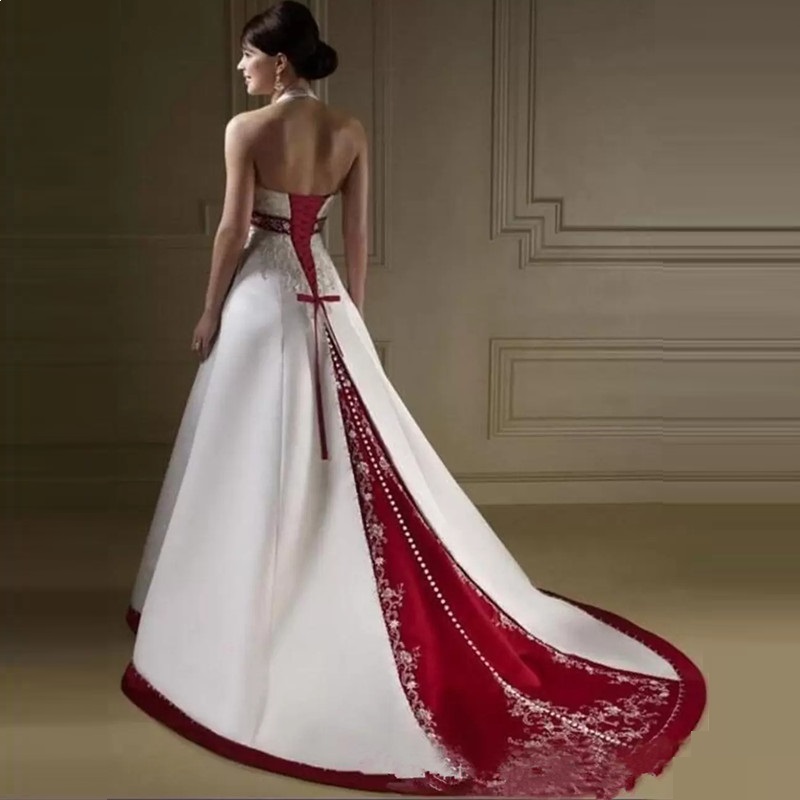 Vintage Ivory and Royal Blue Burgundy Satin A Line Wedding Gowns Dress Halter Neck Open Back Lace Up Court Custom Made Embroidery Wedding Bridal Dress