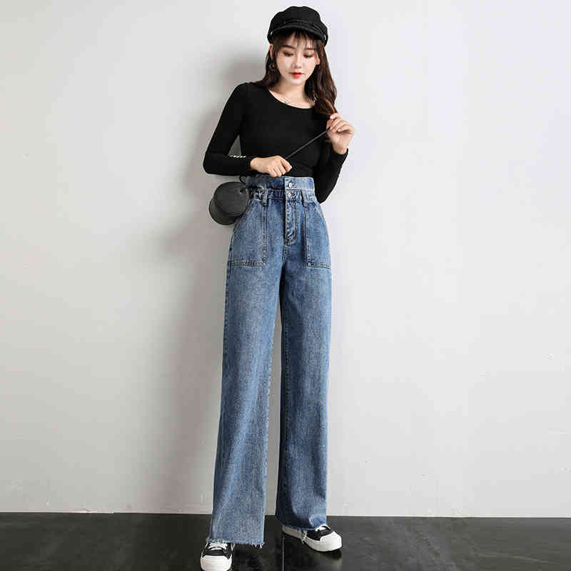 Women High Waist Jeans Woman Boyfriend Blue Color Wide Leg Loose Pants For Ladies Grils Long Length Korean Denim Jean Trousers 210515