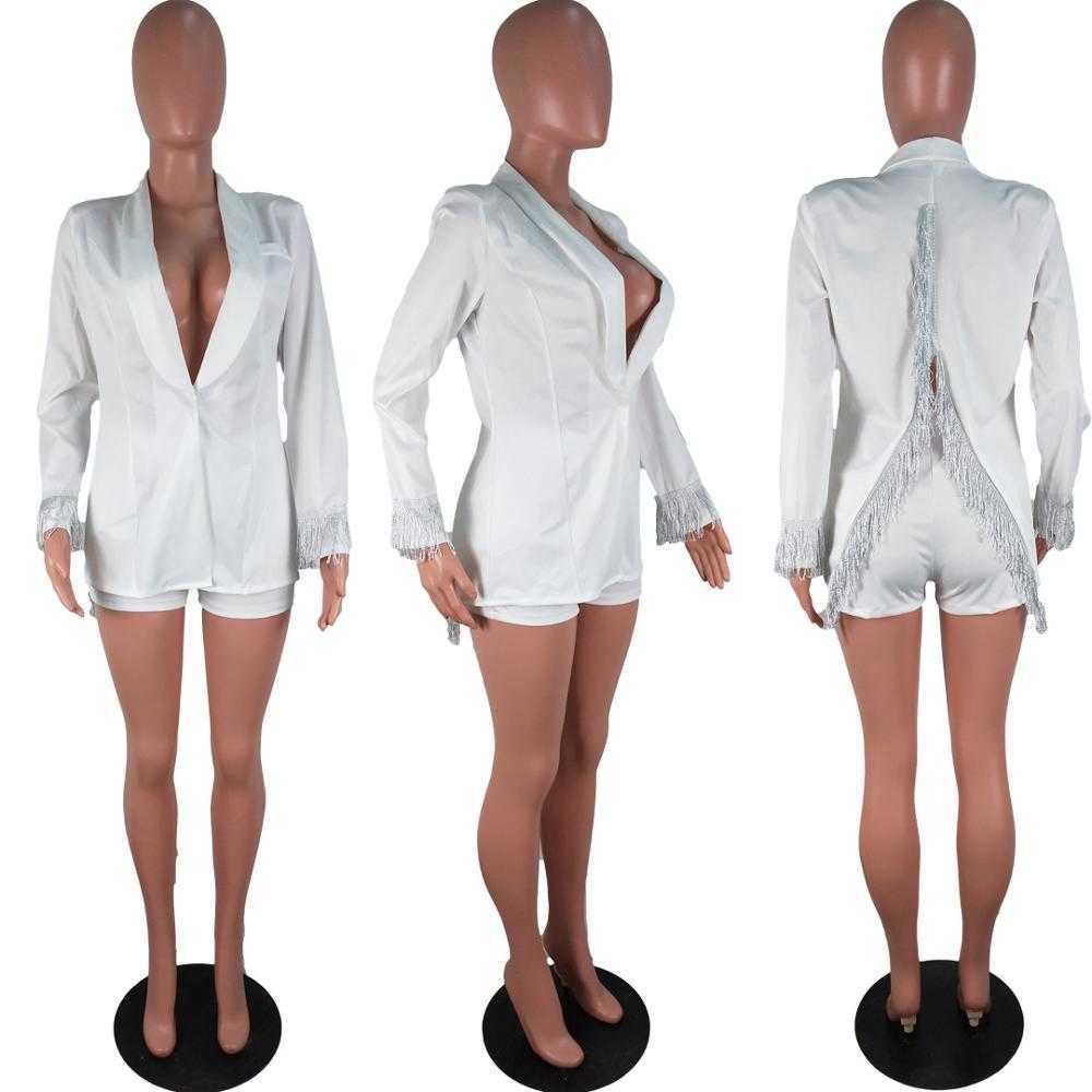 Women Set Sexy Tassel Deep V Neck Suit Jacket Coat And Shorts Two Piece Outfits 210707