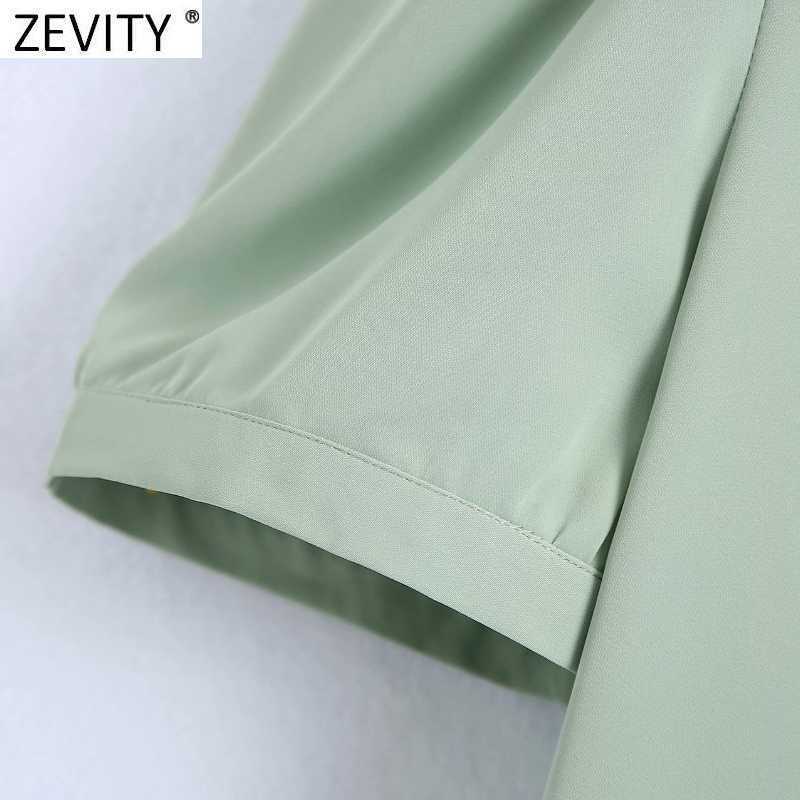 Zevity Women Sweet Bow Tie Solid Casual Shirt Office Lady Pleat Short Sleeve Blouse Roupas Chic Diamond Button Blusa Tops LS9415 210603