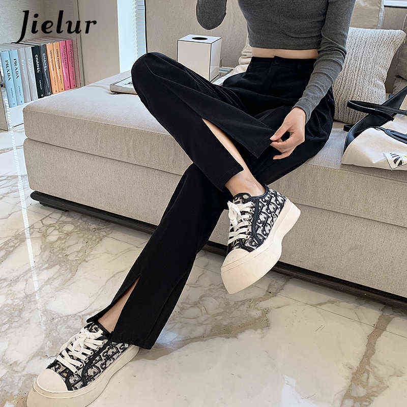 Jielur Fashion Black Trousers Suits Spring XS-2XL High Waist Casual Women's Pants Wide Leg Split Workwear Formal Zipper 211115