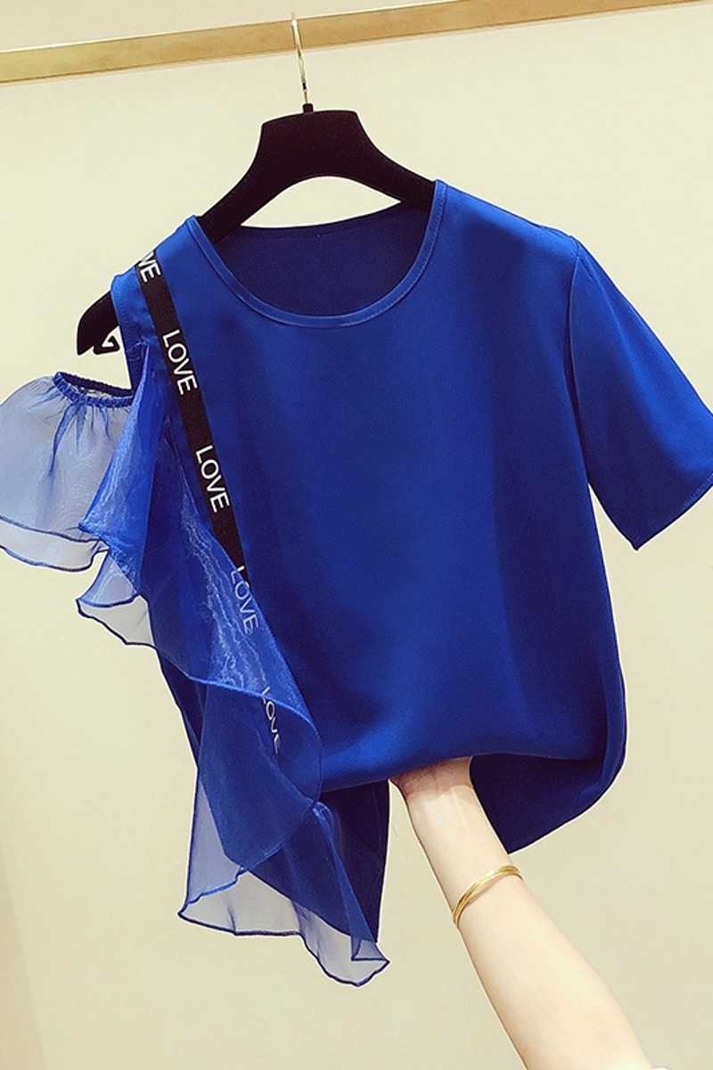 Korean Style Women T Shirts Letter Mesh Ruffled Off Shoulder Short-sleeved T-shirt Female Casual Summer Tops 210615Z
