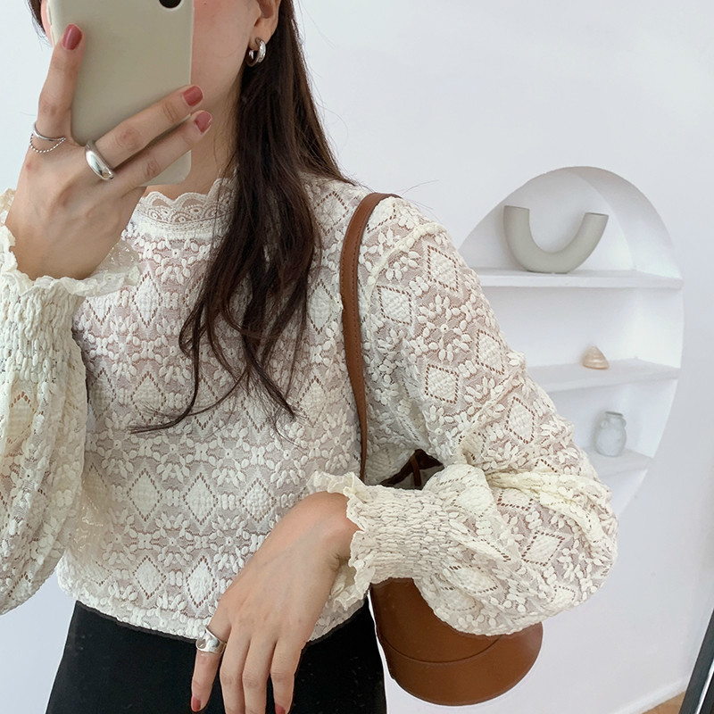 Nomikuma Autumn Winter Baisc Lace Shirt Puff Long Sleeve Stand neck Women Blouse Causal Elegant Hook Blusas Top 6D164 210427