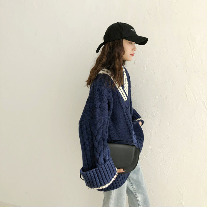 Vintage V-neck Women Sweater Korean Chic Striped Jumpers Twisted Knitwear Autumn Loose Female Knitted Pullovers 210519