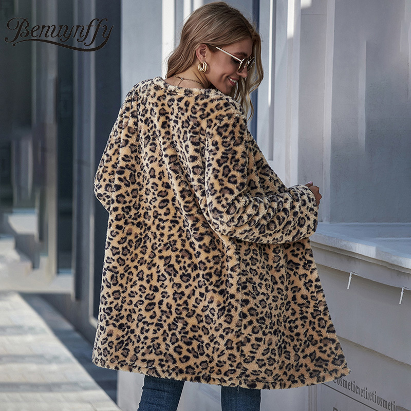 Autumn Winter Women Leopard Open Stitch Teddy Coat Fashion Street style Long Sleeve Female Outwear Casual Coats 210510