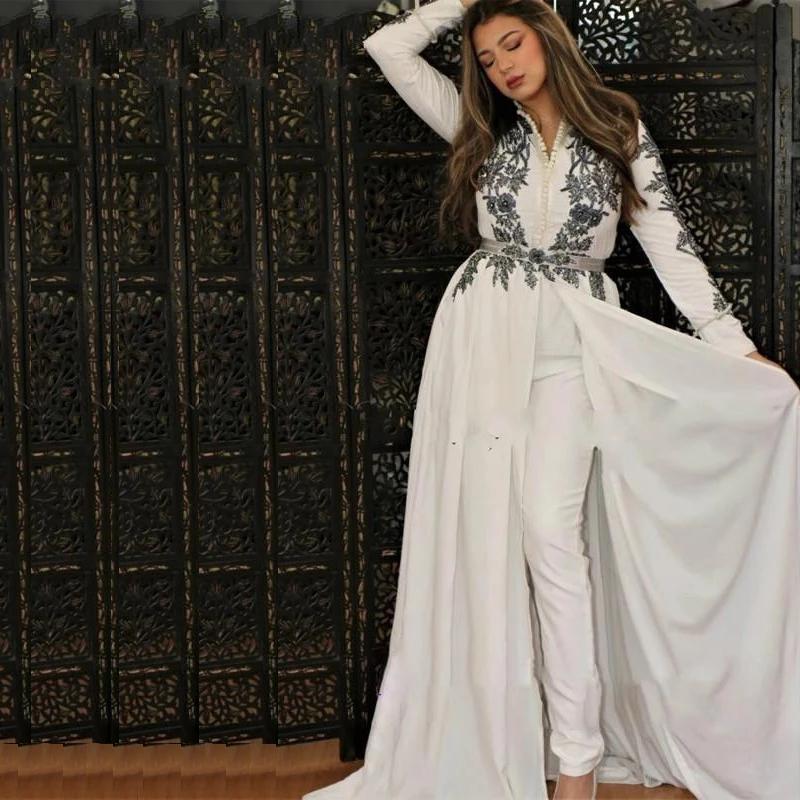 White Long Sleeve Jumpsuit Muslim Evening Dresses V Neck Lace Appliques Overskirt Train Arabic Moroccan Formal Prom Gowns Robe De Soiree