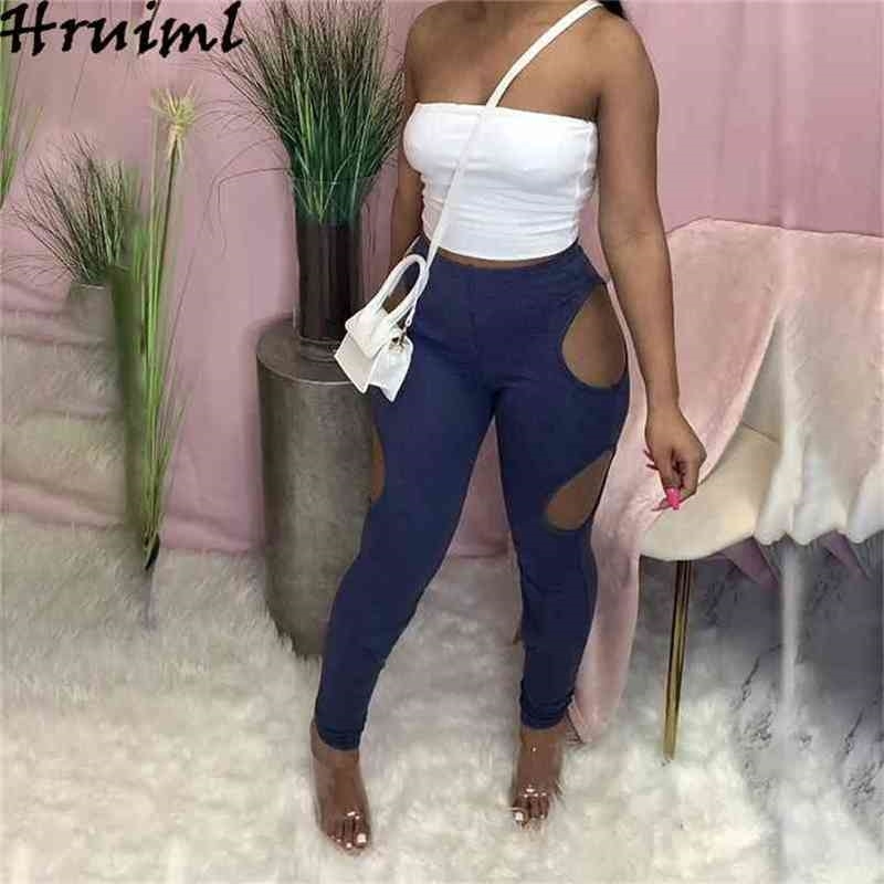 Personality Jeans Hollow Out Solid Color Beltless Tight-fitting Pencil Casual Trousers Elastic Waist Vetement Femme Pants 210513