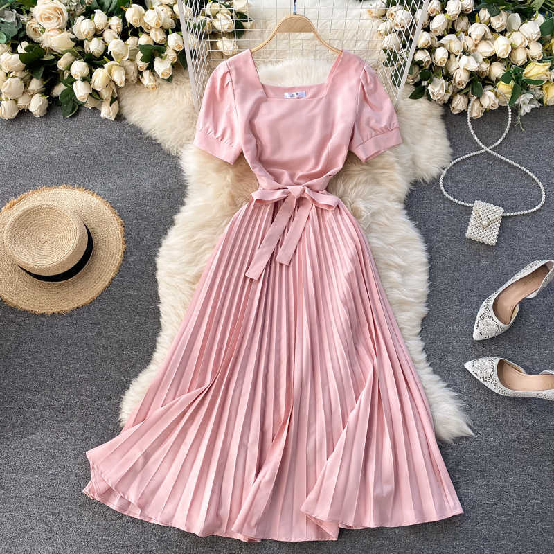 DEAT Summer Arrivals Solid Color Short Sleeve Square Collar High Waist Slim Pleated A-line Midi-Long Dress MZ693 210709