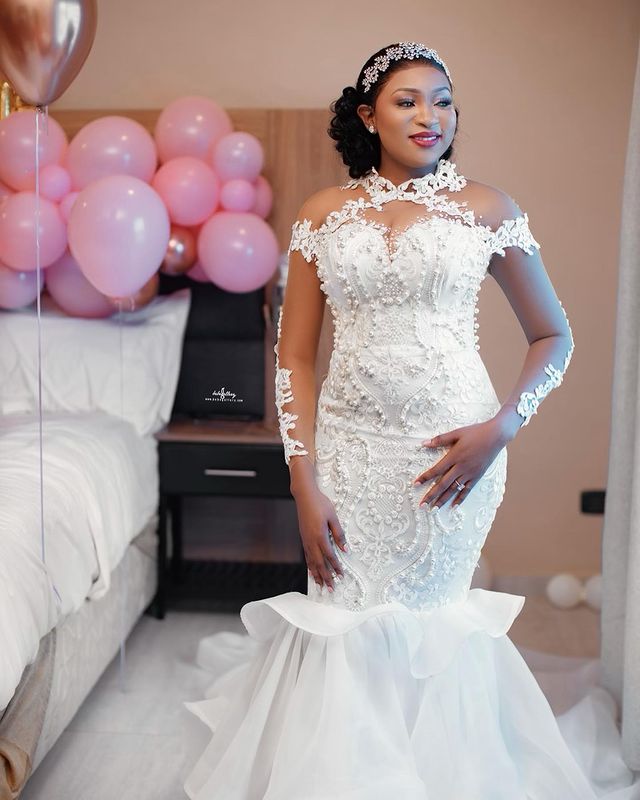 2021 Plus Size Arabic Aso Ebi Lace Pearls Mermaid Wedding Dress Sheer Neck Long Sleeves Vintage Sexy Bridal Gowns Dresses ZJ664