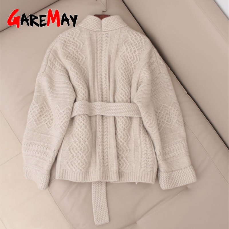 Warm Knitted Cardigan Female Casual Criss-Cross Belt Turn Down Collar White Sweater Women Cotton Knitwear Cardigans Tops 210428