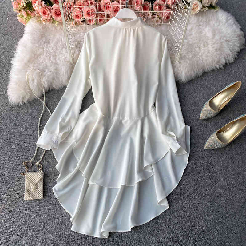 Nomikuma Irregular Ruffle Women Blouse Dress Long Sleeve Turn-down Collar Korean Elegant Vestidos Spring New Dresses 6G336 210427
