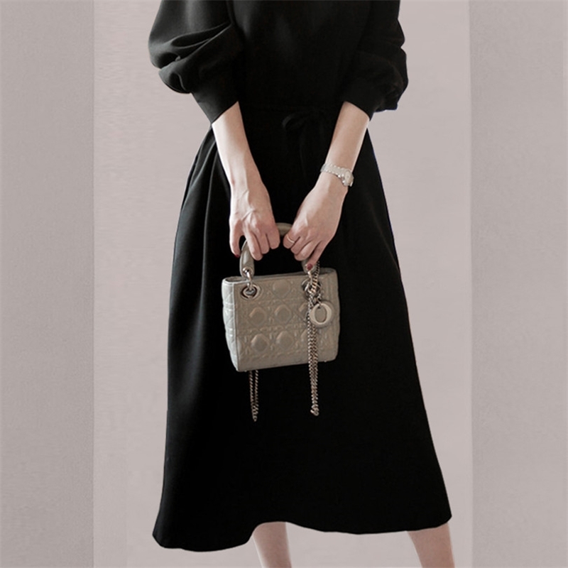 Women Spring Autunm Dresses Ladies Long Sleeve Vintage High Waist Mid-Length Black Vestidos 210520