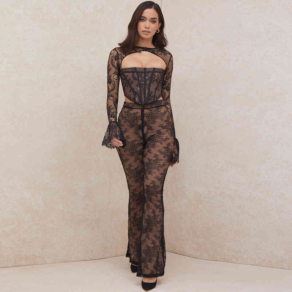Summer Women Black Lace Bandage 2 Two Pieces Sets Sexy Hollow Out Long Sleeve Tops&Pants Club Celebrity Party Set 210423