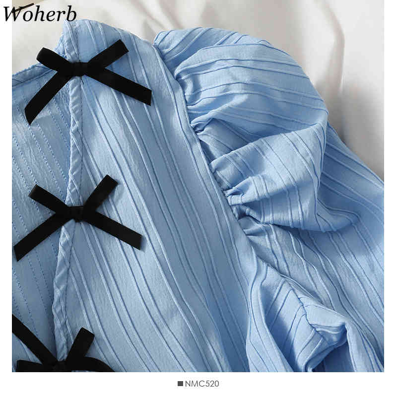 Women Blouses V Neck Puff Short Sleeve SlimCrop Top Korean Bowknot Stripes Elegant Shirts Summer Chic Blusas Mujer 4i657 210519
