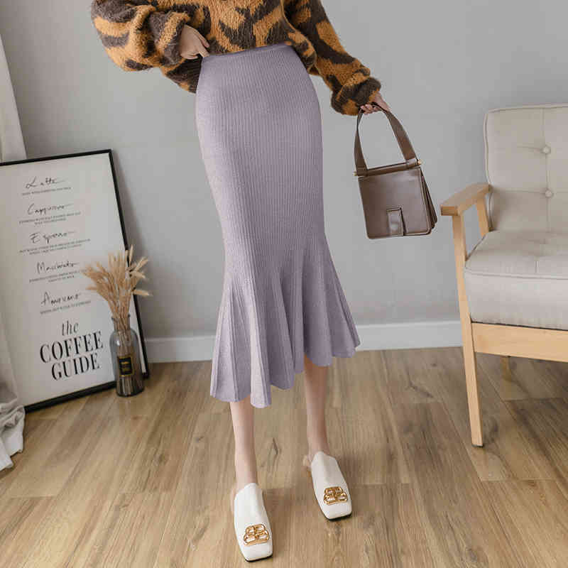 NIJIUIDNG Autumn Nylon Knitting Skirts Ladies Vintage Elastic High Waist Ruffles Solid Mermaid Mid Calf Female 210514