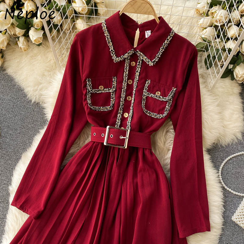 Neploe Vintage Court Style Temperament Dress Women High Waist Hip Sashes Vestidos Turn Down Collar Long Sleeve Robe Red Dresses 210422