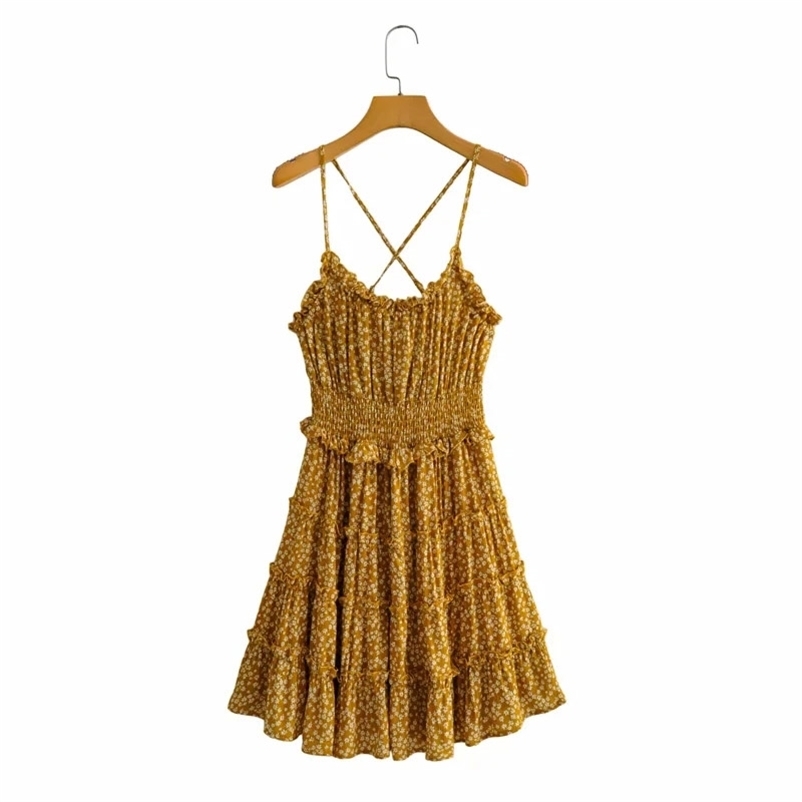 women summer dress Sexy floral printed cross straps Slim elastic bust high waist A-line pleated es for female 210524, Yellow
women summer dress Sexy floral printed cross straps Slim elastic bust high waist A-line pleated es for female 210524, Yellow