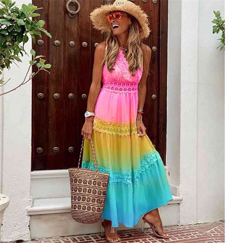 Women Dress V-neck Sleeveless Vintage Dresses Color Matching Plus Slze Long Summer Clothes 210513