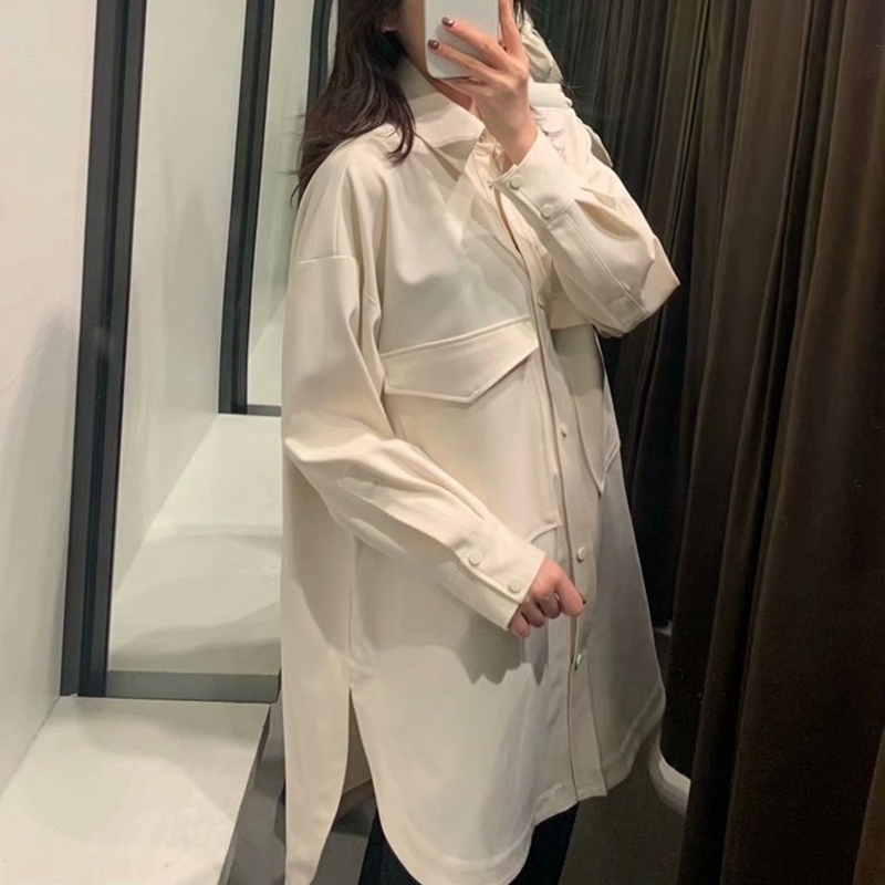 Elegant Women Solid Long Shirts Fashion Ladies Turn Down Collar Tops Streetwear Female Chic Pocket Oversize Blouses 210430