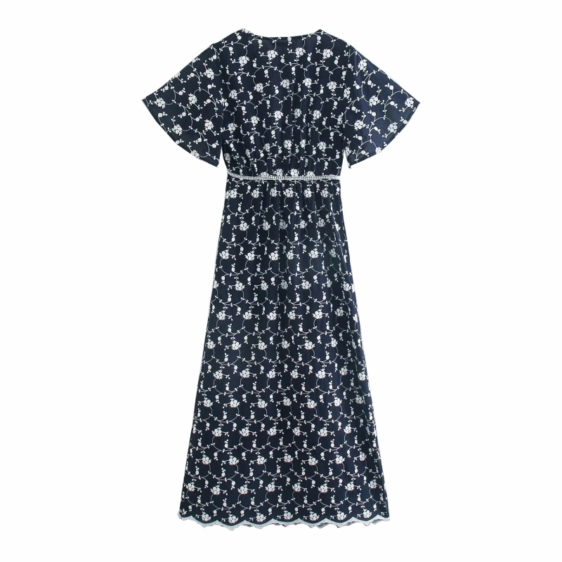 vintage embroidery women mid dresses summer black floral ladies v neck boho female slim girls 210430