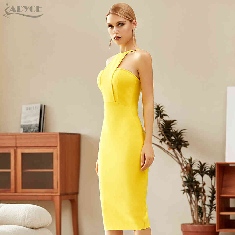 Summer Women Strapless Yellow Bodycon Bandage Dress Sexy Sleeveless Halter Celebrity Evening Runway Party Dresses 210423