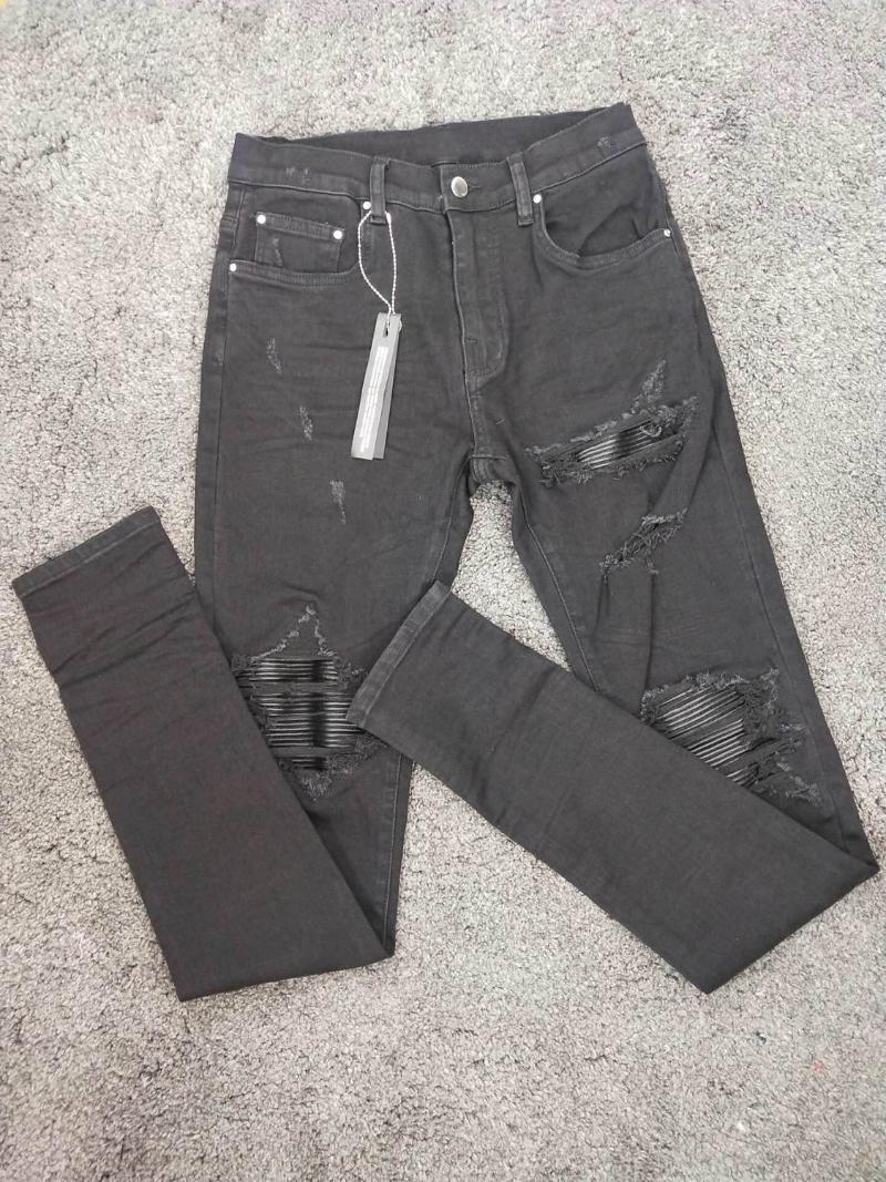 Men's Jeans Men Pu Leather Ribbed Patch Skinny Distressed Black