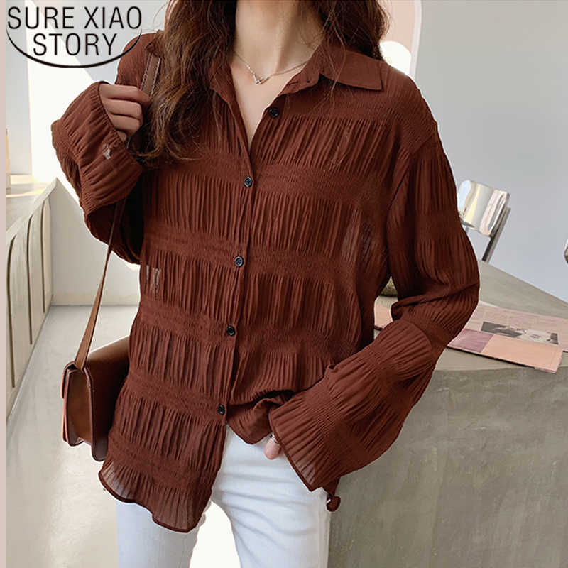 Spring and Summer Women Tops Long Sleeve Loose Bell Sleeve Shirt All-match Chiffon Shirts Base Shirt Camisas Mujer 8803 50 210527, Dark brown 
Spring and Summer Women Tops Long Sleeve Loose Bell Sleeve Shirt All-match Chiffon Shirts Base Shirt Camisas Mujer 8803 50 210527, Dark brown